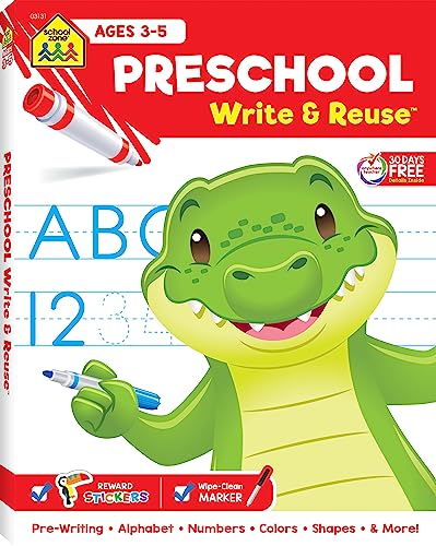 School Zone - Preschool Write & Reuse Workbook - Ages 3 to 5, Spiral Bound, Write-On Learning, Wipe Clean, Includes Dry Erase Marker, Letter Tracing, and More (School Zone Write & Reuse Workbook)